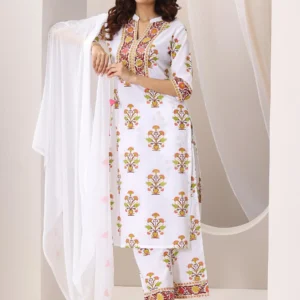 Women White Printed Cotton Blend Straight Suit Set With Dupatta