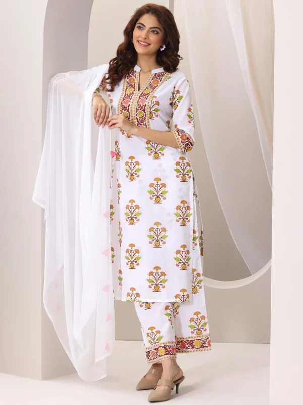 Women White Printed Cotton Blend Straight Suit Set With Dupatta