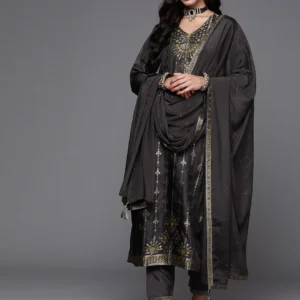 Women Charcoal Self Design Silk Straight Kurta With Dupatta
