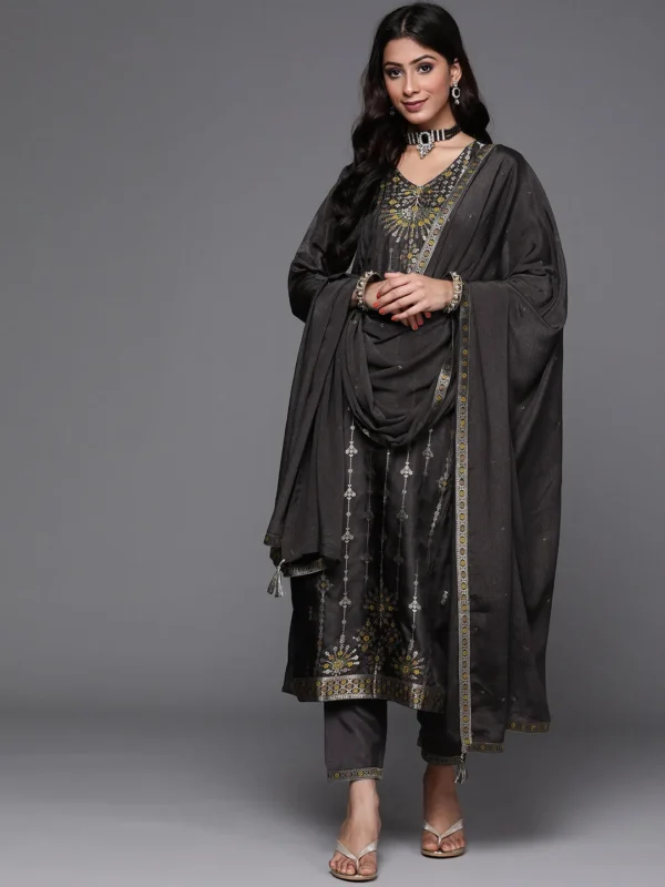 Women Charcoal Self Design Silk Straight Kurta With Dupatta