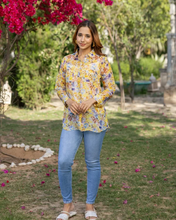 Women Yellow Floral Organza Shirt - Image 6
