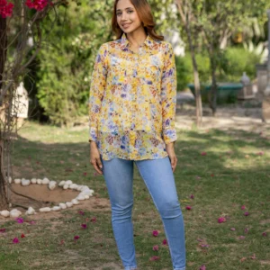 Women Yellow Floral Organza Shirt
