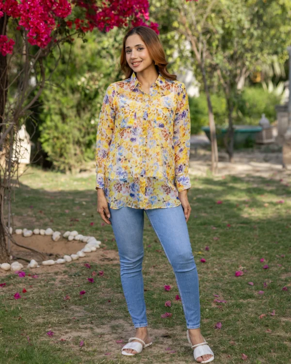 Women Yellow Floral Organza Shirt