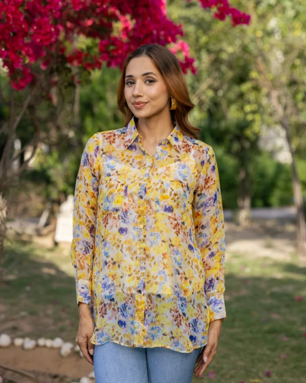 Women Yellow Floral Organza Shirt - Image 4