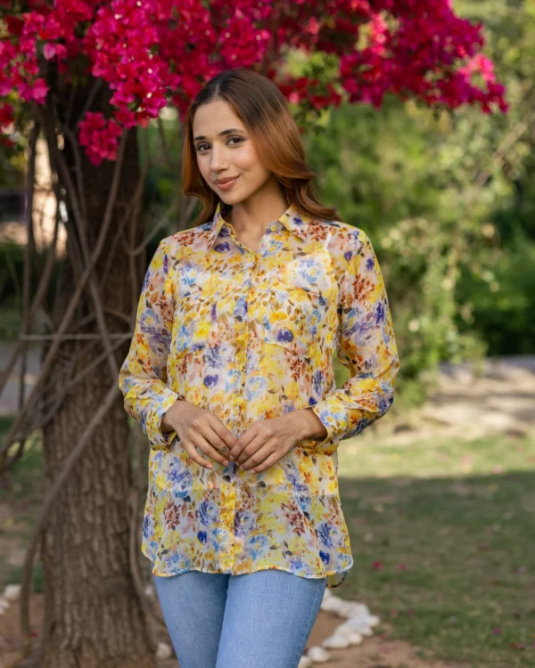 Women Yellow Floral Organza Shirt - Image 3
