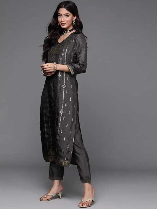 Women Charcoal Self Design Silk Straight Kurta With Dupatta - Image 4