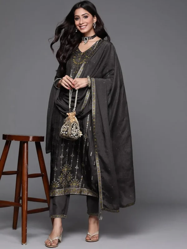 Women Charcoal Self Design Silk Straight Kurta With Dupatta - Image 3