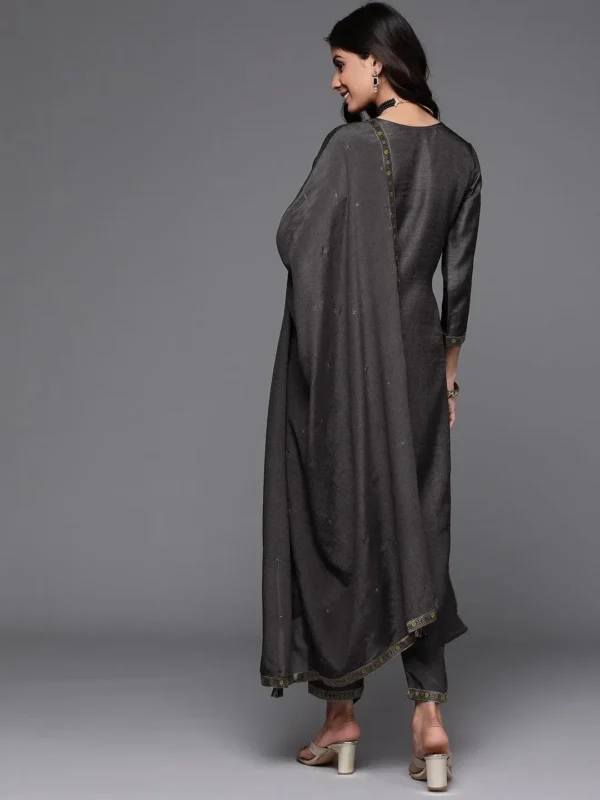 Women Charcoal Self Design Silk Straight Kurta With Dupatta - Image 2