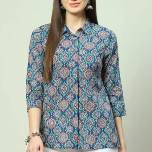 Women Blue Cotton Straight Printed Shirt