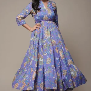 Women Lilac Cotton Tiered Printed Dress