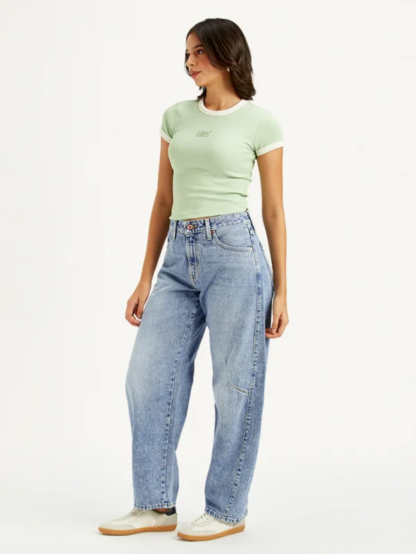 Women's Mid Rise Baggy Dad Barrel Light Blue Jeans - Image 4