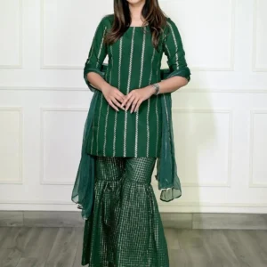 Women Green Striped Polyester Straight Sharara Suit Set With Dupatta