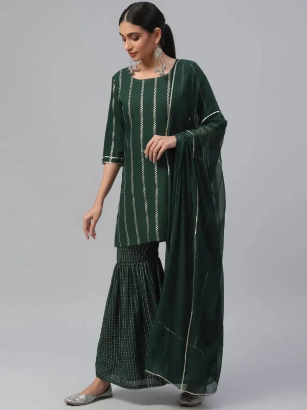 Women Green Striped Polyester Straight Sharara Suit Set With Dupatta - Image 5