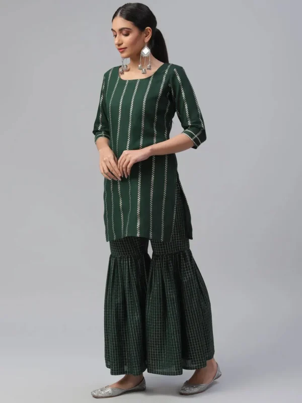 Women Green Striped Polyester Straight Sharara Suit Set With Dupatta - Image 4