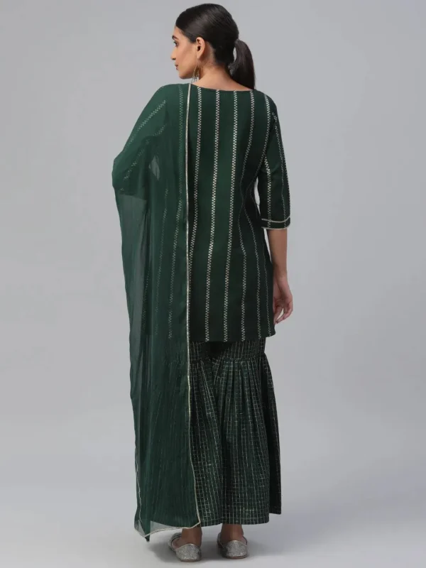Women Green Striped Polyester Straight Sharara Suit Set With Dupatta - Image 3