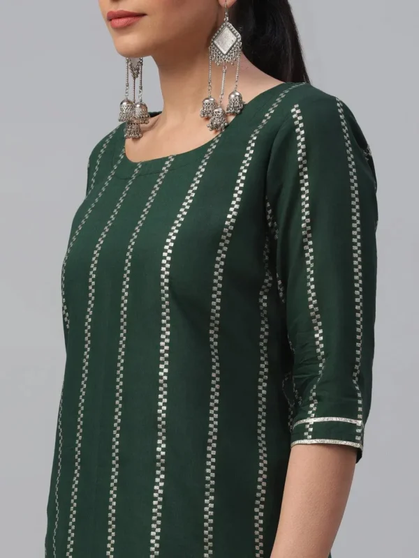 Women Green Striped Polyester Straight Sharara Suit Set With Dupatta - Image 2