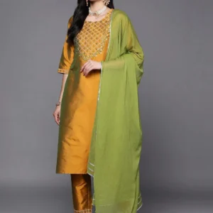 Women Mustard Yoke Design Silk Blend Straight Kurta With Dupatta