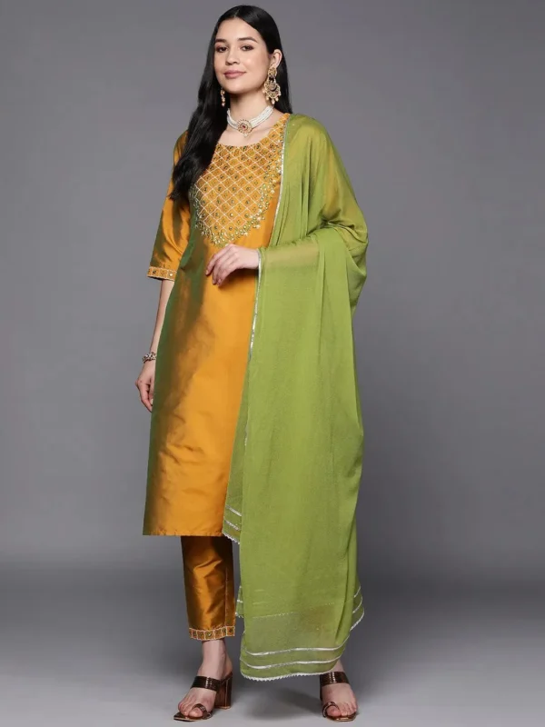 Women Mustard Yoke Design Silk Blend Straight Kurta With Dupatta