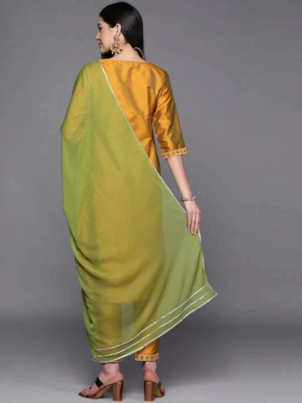 Women Mustard Yoke Design Silk Blend Straight Kurta With Dupatta - Image 5