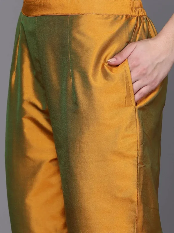 Women Mustard Yoke Design Silk Blend Straight Kurta With Dupatta - Image 3