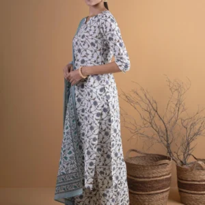 Women Off-White Printed Cotton Straight Kurta With Palazzos & Dupatta