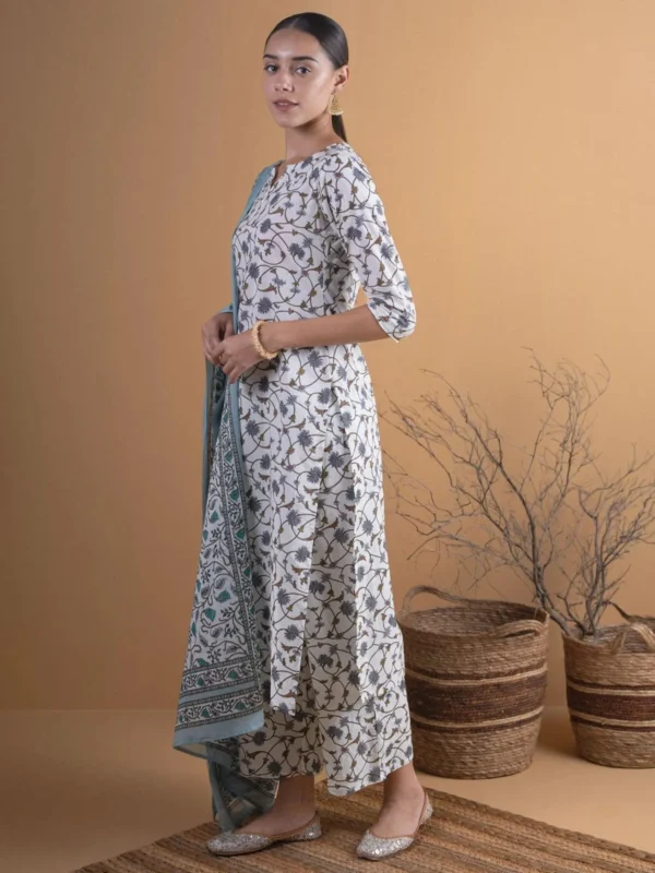 Women Off-White Printed Cotton Straight Kurta With Palazzos & Dupatta