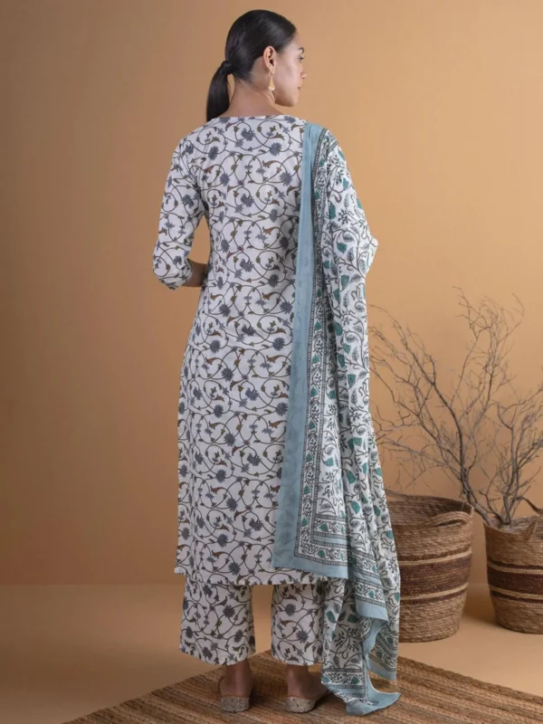 Women Off-White Printed Cotton Straight Kurta With Palazzos & Dupatta - Image 3