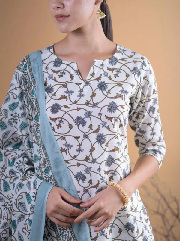 Women Off-White Printed Cotton Straight Kurta With Palazzos & Dupatta - Image 2