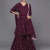 Women Purple Embroidered Georgette A-Line Sharara Suit Set With Dupatta - Image 5