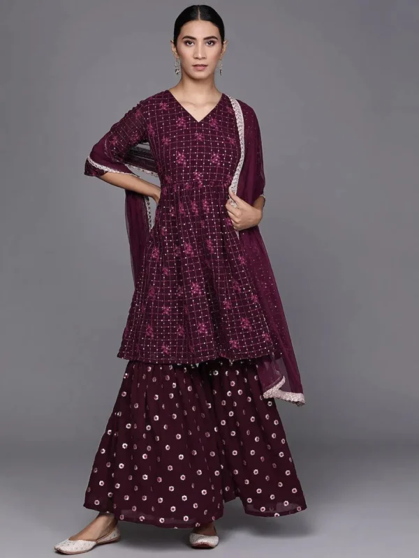 Women Purple Embroidered Georgette A-Line Sharara Suit Set With Dupatta - Image 5