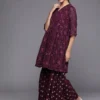 Women Purple Embroidered Georgette A-Line Sharara Suit Set With Dupatta - Image 4