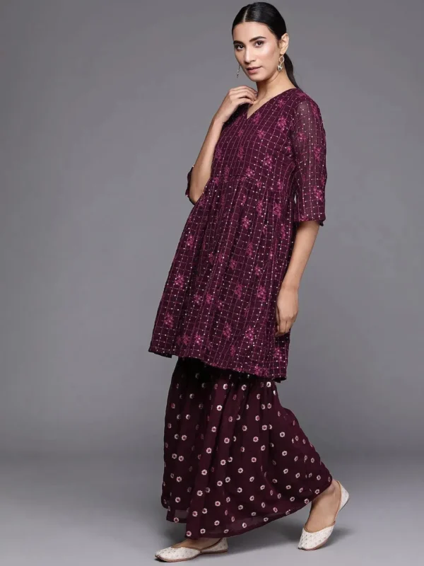 Women Purple Embroidered Georgette A-Line Sharara Suit Set With Dupatta - Image 4