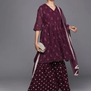 Women Purple Embroidered Georgette A-Line Sharara Suit Set With Dupatta