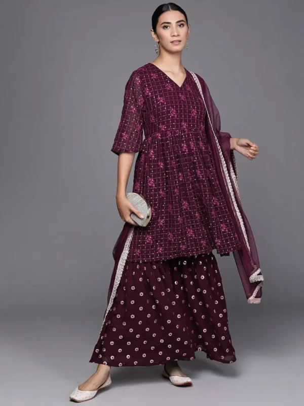 Women Purple Embroidered Georgette A-Line Sharara Suit Set With Dupatta