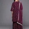 Women Purple Embroidered Georgette A-Line Sharara Suit Set With Dupatta - Image 3