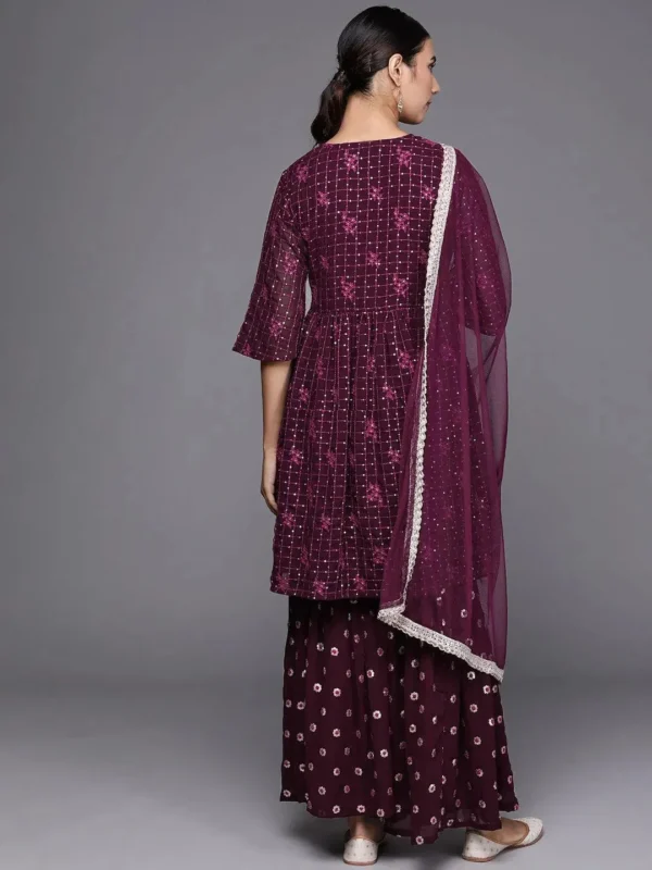 Women Purple Embroidered Georgette A-Line Sharara Suit Set With Dupatta - Image 3