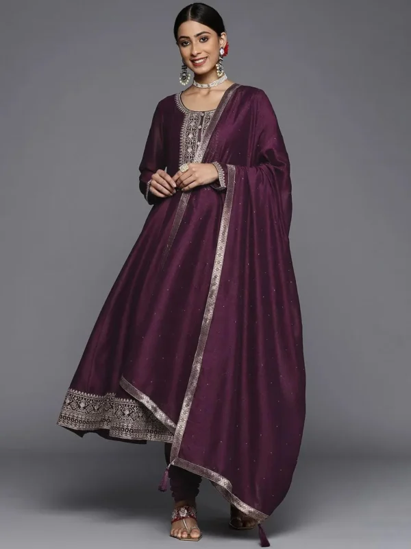 Women Purple Yoke Design Silk Blend Anarkali Suit With Dupatta - Image 6