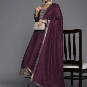 Women Purple Yoke Design Silk Blend Anarkali Suit With Dupatta