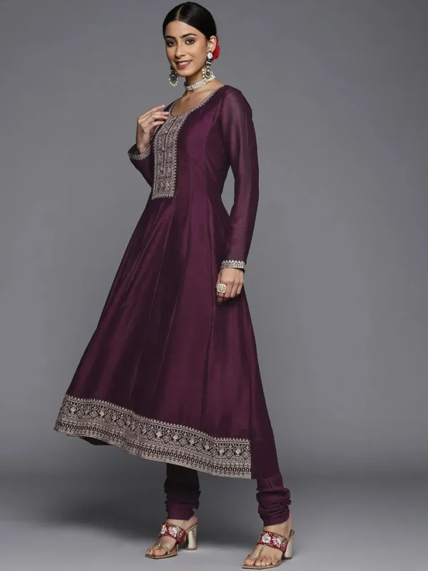 Women Purple Yoke Design Silk Blend Anarkali Suit With Dupatta - Image 2
