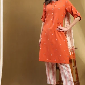 Women Orange Cotton Printed Straight Suit Set