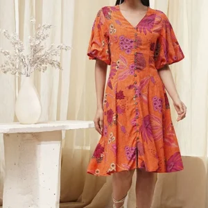 Women Orange Floral Printed Flared Dress