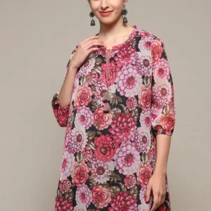 Women Black Polyester Straight Printed Top