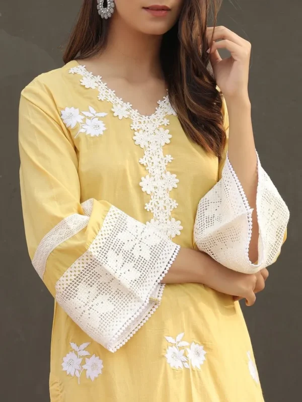Women Yellow Embroidered Cotton Kurta - Image 4