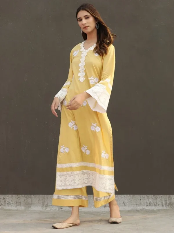 Women Yellow Embroidered Cotton Kurta - Image 3