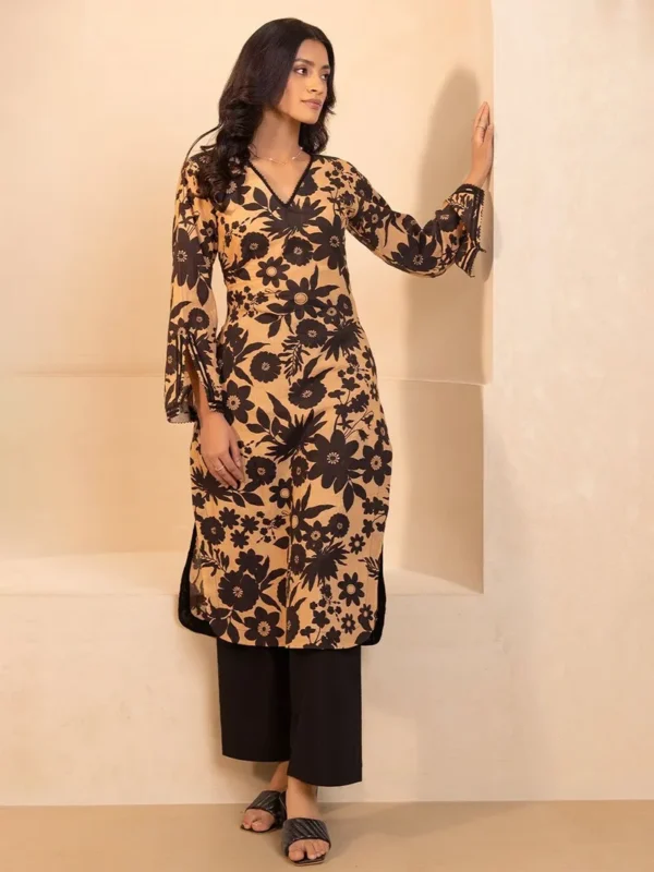 Women Beige Printed Handwoven Cotton Kurta - Image 3