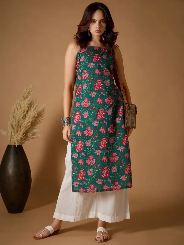 Women Green Printed Cotton Kurta - Image 6