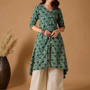Women Green Dabu Hand Block Printed Cotton Kurta
