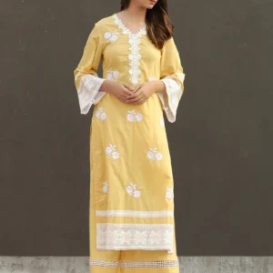 Women Yellow Embroidered Cotton Kurta